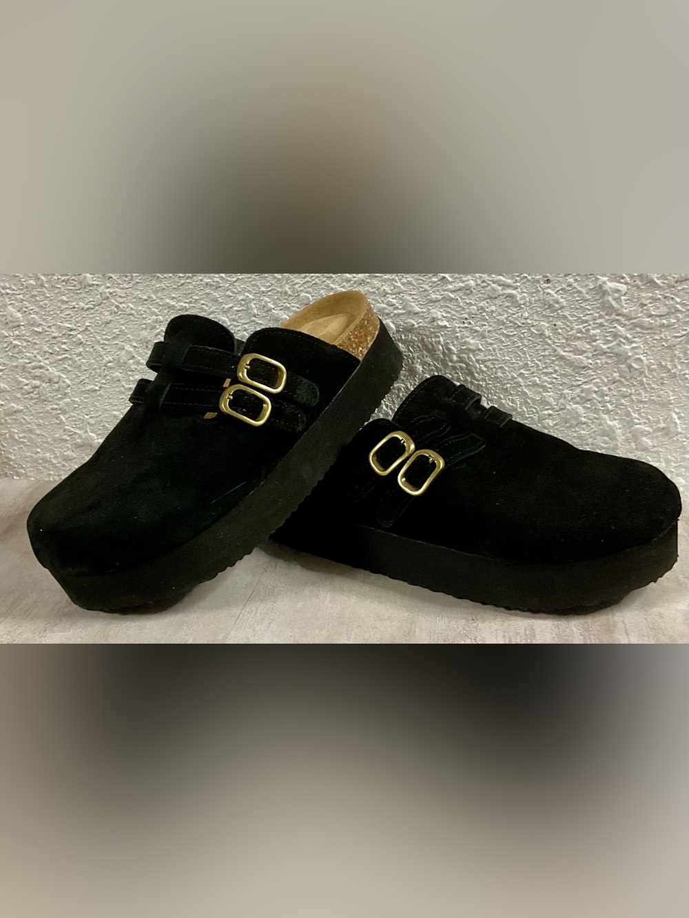 Women's Project Cloud Clog Black Suede Platform Slide with Gold Buckles Size 8